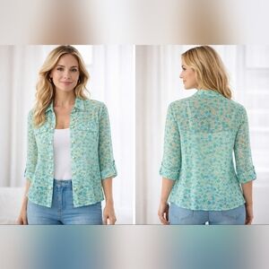 lark lane sheer lace burnout open front layering blouse green blue size 8